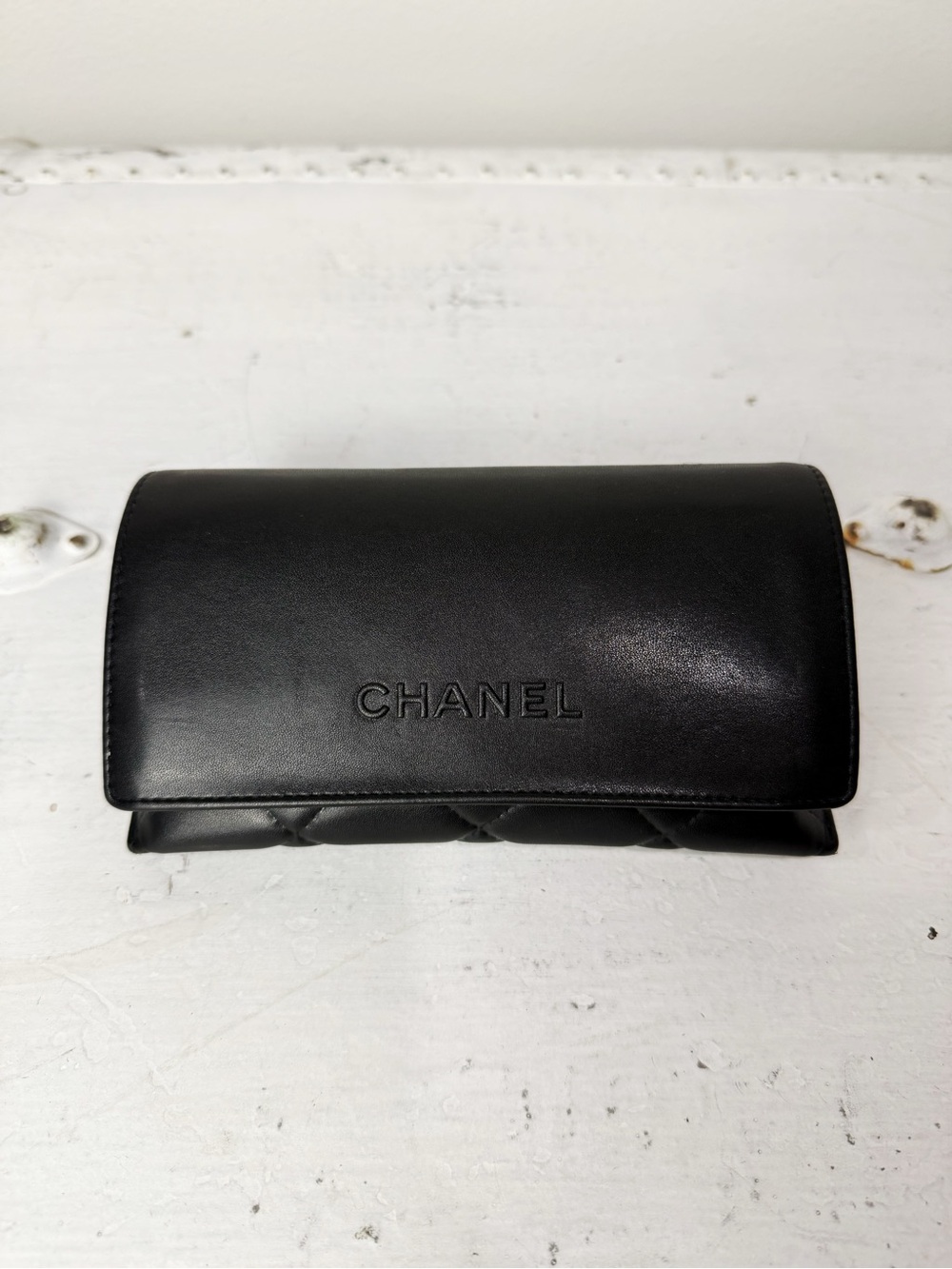 CHANEL Black Leather Quilted Hard Clamshell For Case Eyeglasses & Sunglasses